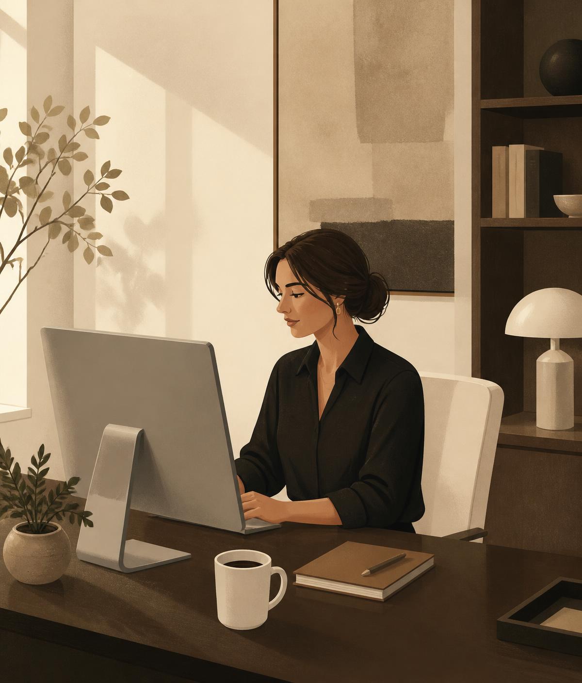 Editorial illustration of a recruiter working calmly at her desk with a coffee cup, notebook and plant in a warm, sunlit office